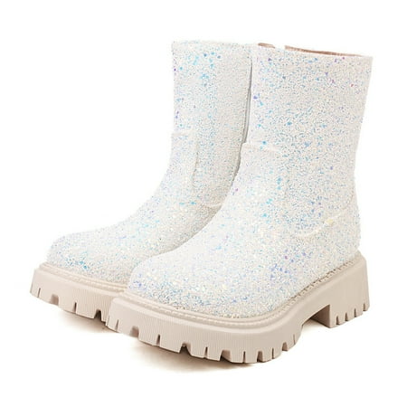 

Cathalem Womens Snow Boots Fashion Women s Shoes British Style Leather Low Heel Sequin Side Zipper Lace up Boots Women with Heel White 8