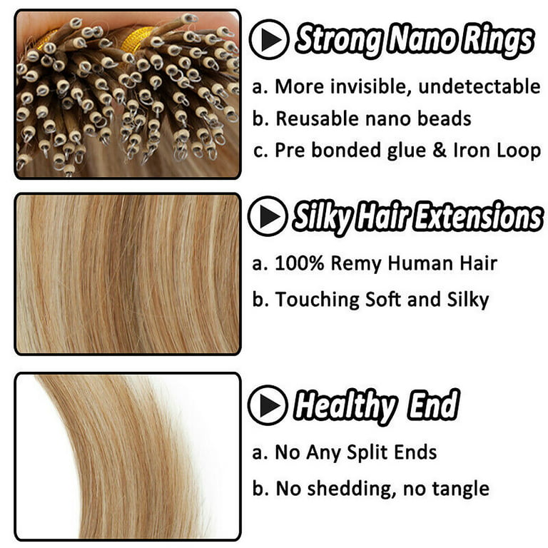 Invisible Nano Ring Russian Remy Human Hair Extensions Beads Tip Thick Full  Head