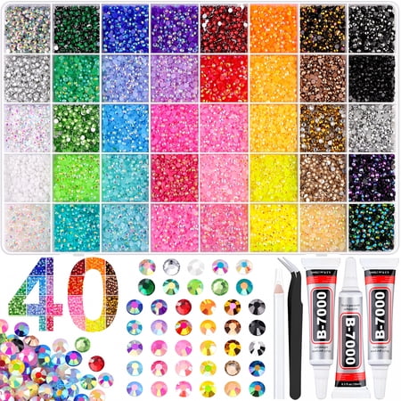 DESIGNICE 40000Pcs 40 Colors Jelly Rhinestones for Bedazzling,3Mm Multicolor Resin Flatback Gems for Diamond Art,Bedazzler Kit with 3Pcs 10Ml Jewelry Glue for Crafting Book Shoes Nail Art