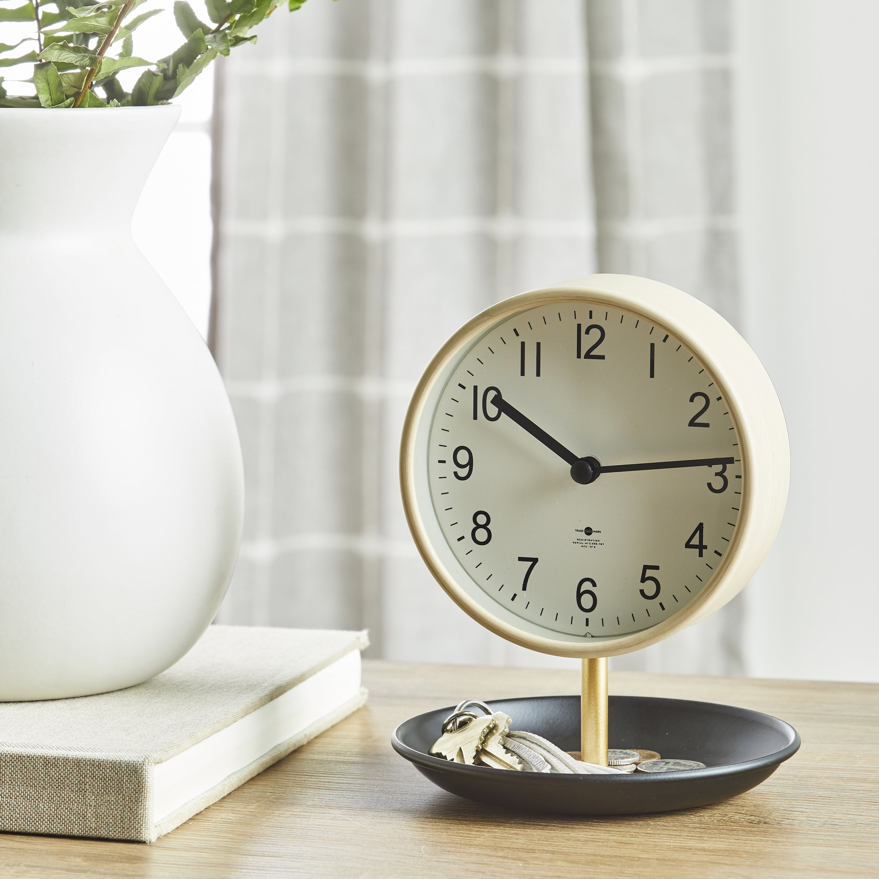 Better Homes & Garden Light Tan and Black Tabletop Round Analog Dial Clock with Trinket Tray Base