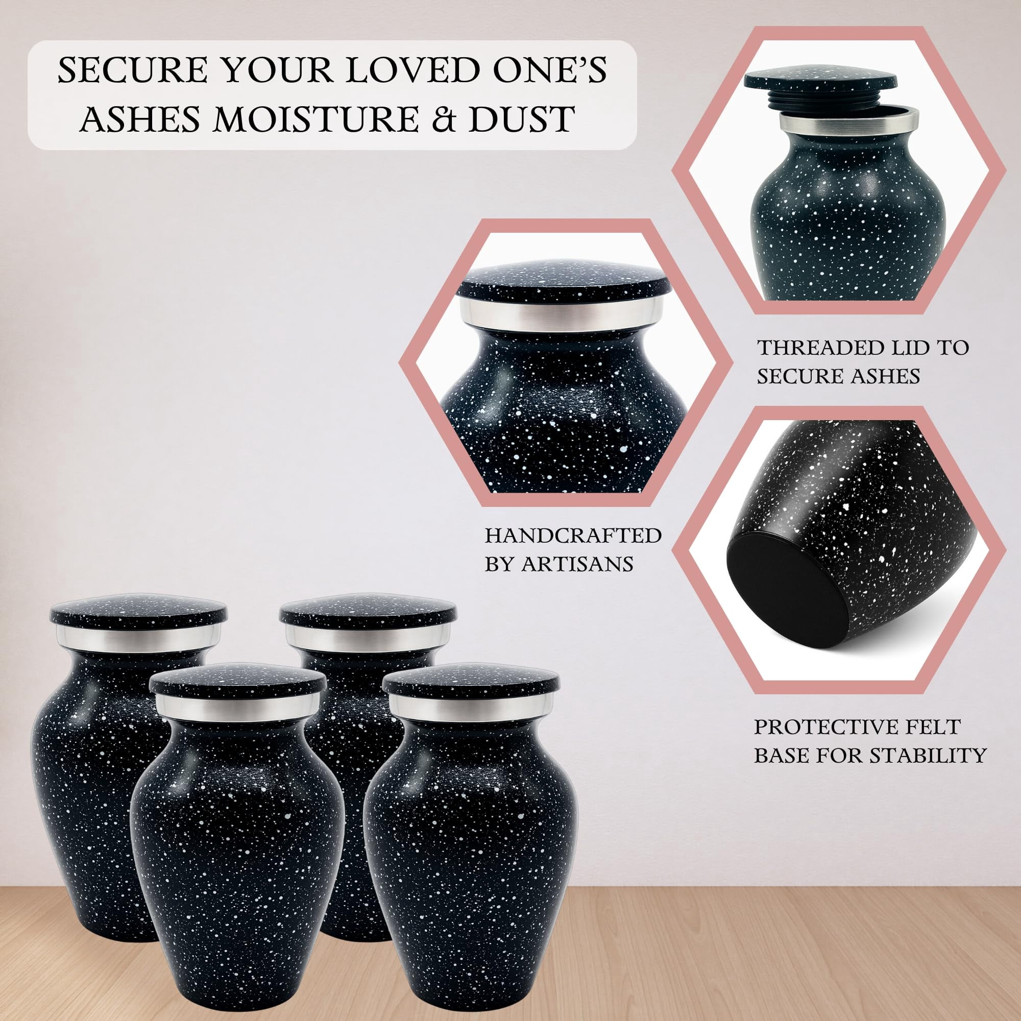 Nova Niche Urns Small Size Cremation Urn for Human Ashes, Mini Keepsake Set of 4 Black and White with Velvet Case