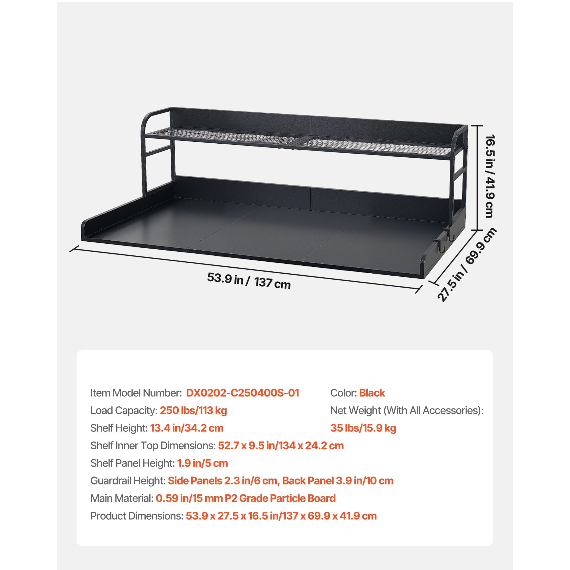 KFFKFF Washer Dryer Countertop with Shelf, 54 x 27.5 in Wooden Laundry Topper with Edge and 2 Hooks, Laundry Machine Organizer for Closet and Pantry Storage, Black