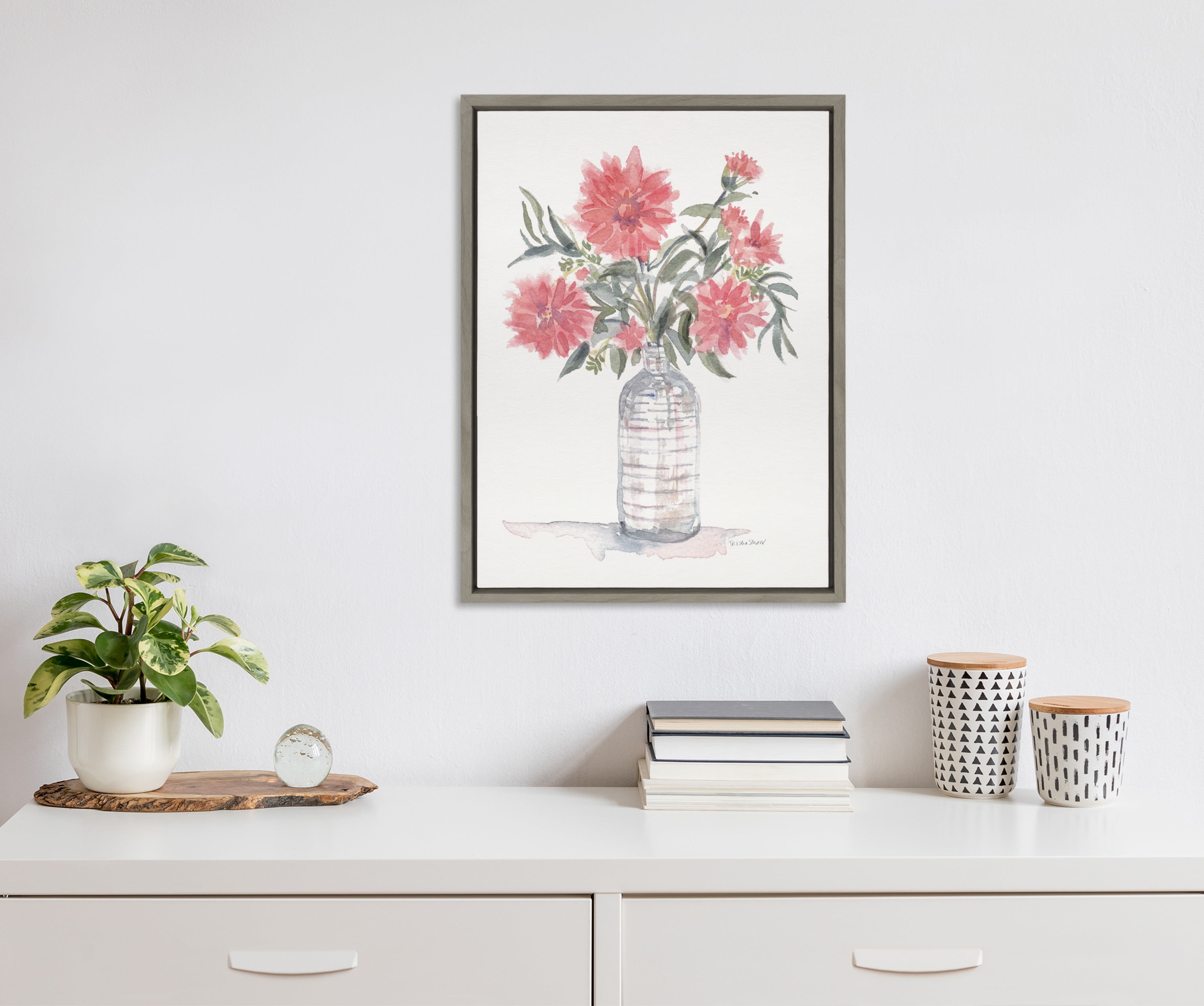 DesignOvation Sylvie Graceful Floral in Peach Framed Canvas Wall Art by Patricia Shaw, 18x24 Gray, Farmhouse Chic Flower Home Décor
