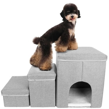 Cat House Dog Stairs for Beds and Sofa, Foldable 3 Tier Dog Steps with Storage Toy Box, Small Indoor Pet Stairs, Grey, Perfect for Puppies and Kittens