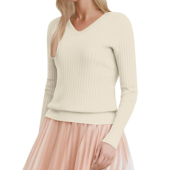 DuoJiaJ Long Sleeve Shirts For Women V Neck Casual Spring Tops Ribbed Knit Slim Fit Lightweight Pullover Sweaters Oversized Sweaters For Women Beige L
