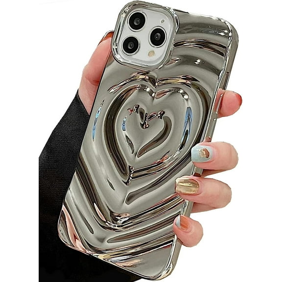 iPhone 13 Pro Max Love Heart Case, Fashion Cute Soft Silicone Electroplate Silver 3D Heart Water Ripple Bling Glitter Shockproof Women Girls Case Cover for iPhone 13 Pro Max