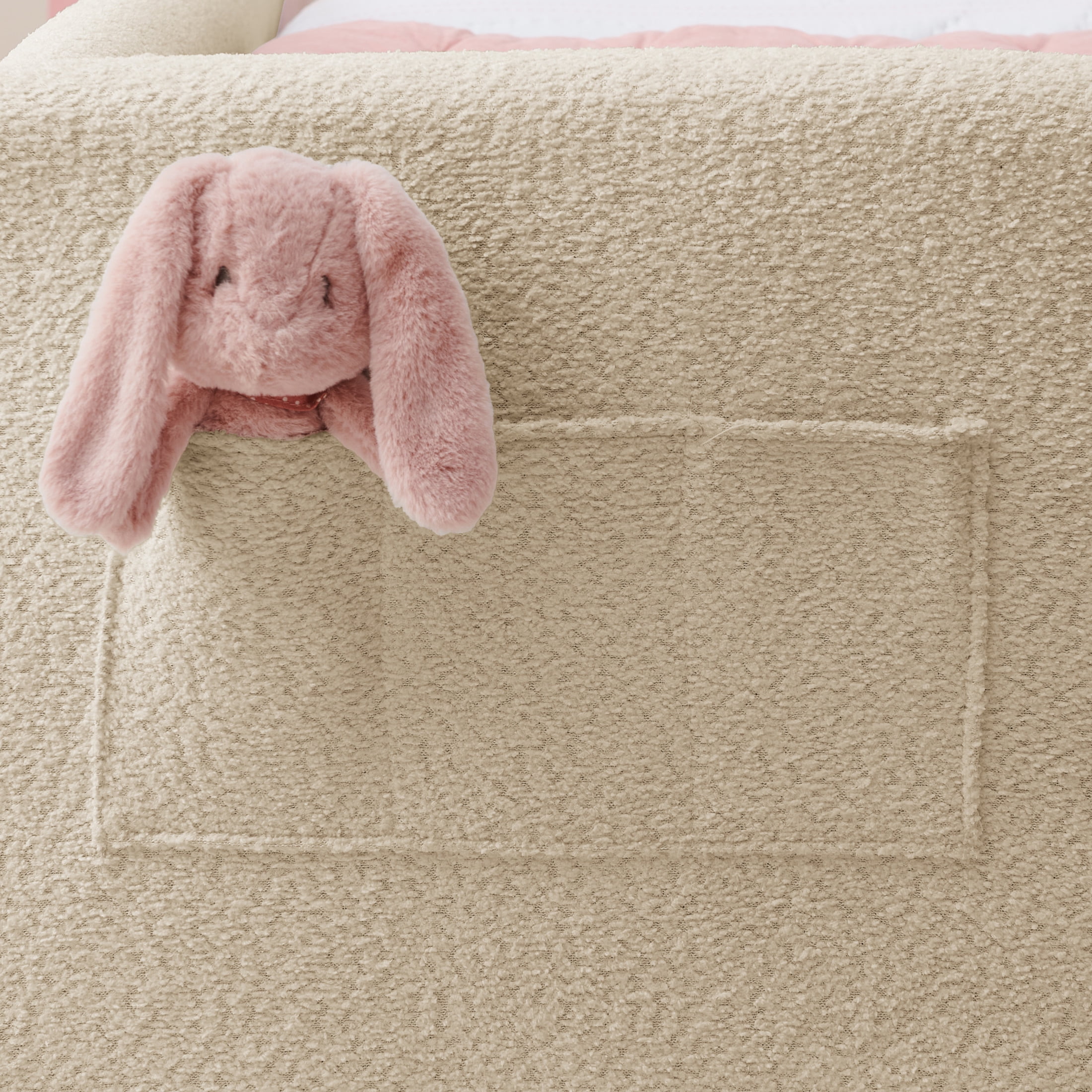Noble House Ciara Twin Size Boucle Upholstered Kids Bed, Cute Rabbit-Ear Bed Frame with Footboard Pocket, Camel