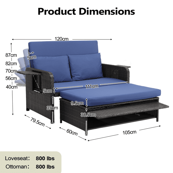 Patio Rattan Daybed Set, 2-in-1 Wicker Loveseat Sofa with Multipurpose Ottoman & Retractable Side Tray, 5-Level Adjustable Backrest, Footstool with Storage, Seat & Back Cushion Included, Brown