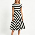 thumbnail image 4 of Karymi Stripe Boat Neck Short Sleeve Midi Dress, Vertical & Diagonal Stripe Patchwork Side Pockets Flowy A-Line Casual Sundress Womens Dresses, 4 of 5