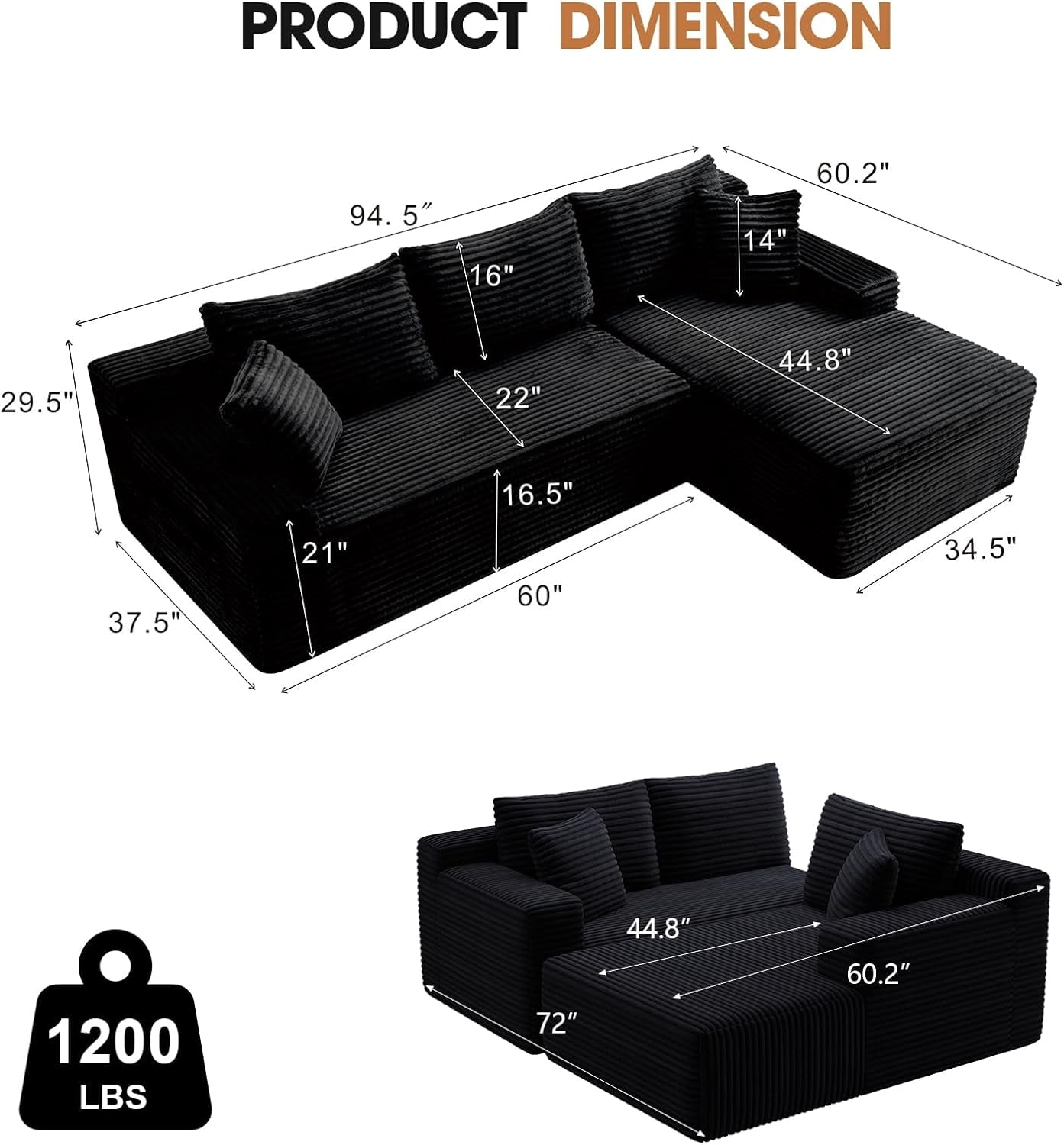MOONMISS L-Shaped Cloud Sectional Couch with Chaise,Modern Corduroy Upholstered Modular Boneless Sofa,No Assembly for Living Room Apartment(Black,Right)