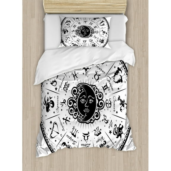 Zodiac Duvet Cover Set Twin Size, Minimalist Rounded Symbols Mystical Outer Space Effects on Character Image Print, Decorative 2 Piece Bedding Set with 1 Pillow Sham, Black White, by Ambesonne