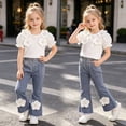 thumbnail image 5 of HAYIMI Girls Outfit Sets Solid Color Two Piece With Embroidered Floral Short Sleeve Shirt And Denim Pants Modern Outfit For Kids Summer Fashion Comfortable Wear Round Neck Clothing Sets , White, 5 of 5