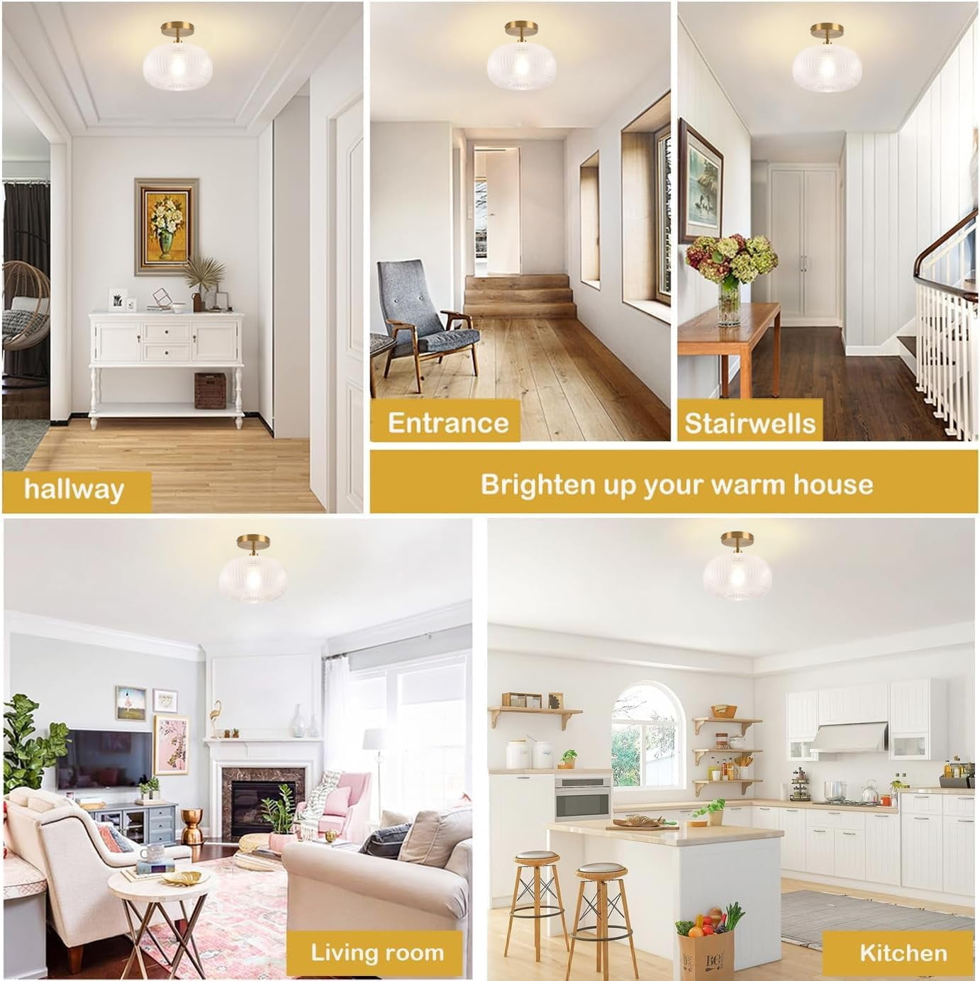 Semi Flush Mount Ceiling Light Fixture,Globe Glass Ceiling Light,Gold Light Fixture,Vintage Ceiling Light for Hallway Bedroom Kitchen Entryway Living Room