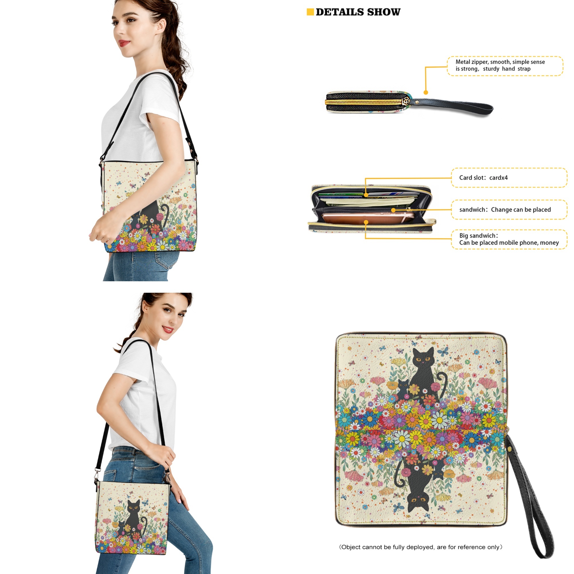 ZUXONGSY Black Cat Daisy Flower Butterfly Print Top-Handle Handbags with Purse for Women Large Crossbody Hobo Bag with Wallet Set Fashion Bucket Crossbody Bag Set for Shopping