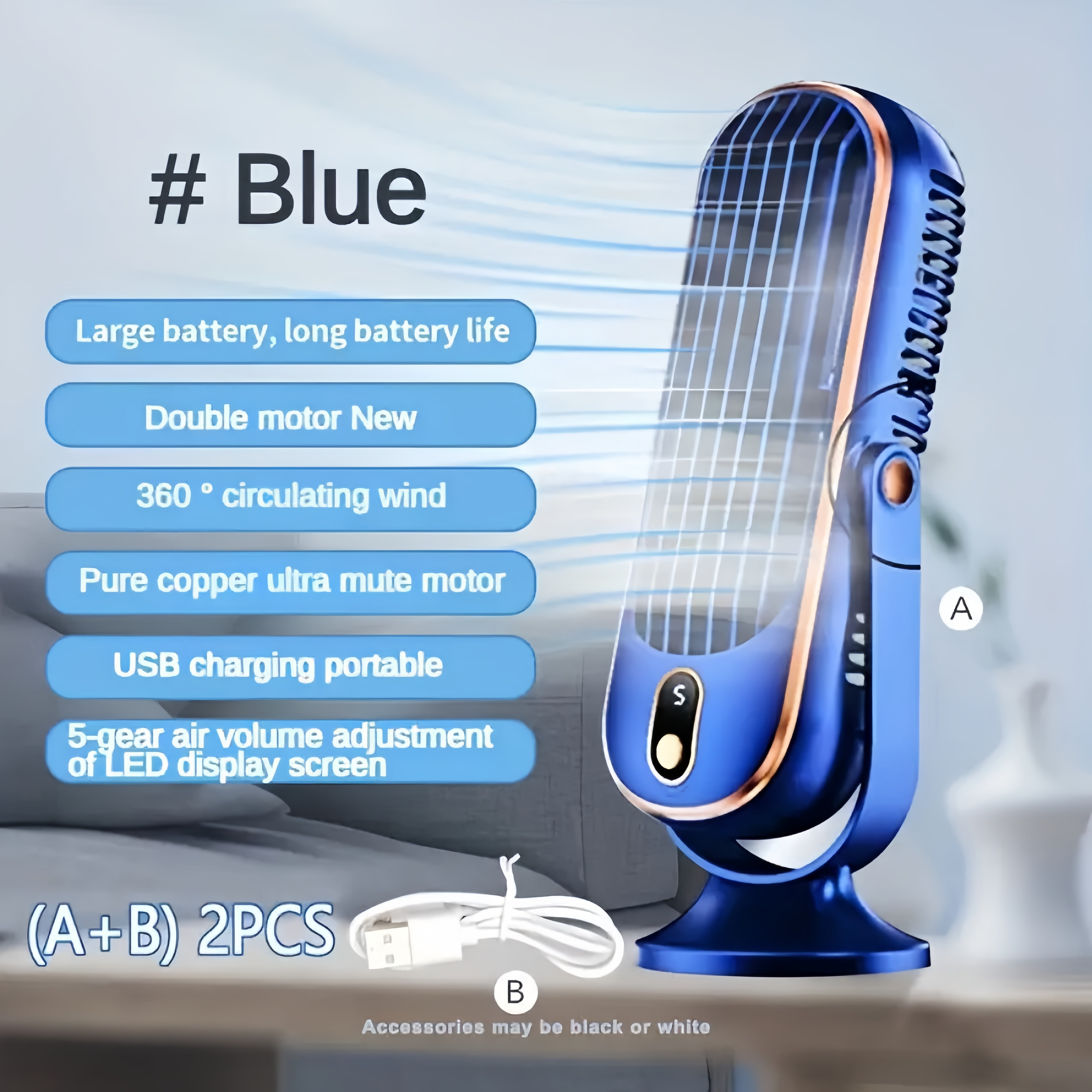 BAKIBO Portable Air Conditioner Fan, Tower Fan Portable Desk Fan with 4000m Dual Motor, 10" Air Cooler, 5-speed Air Cooling Fan 720 ° Surround Air Blower, Office, Tourism, Camping, Outdoor USB Fan