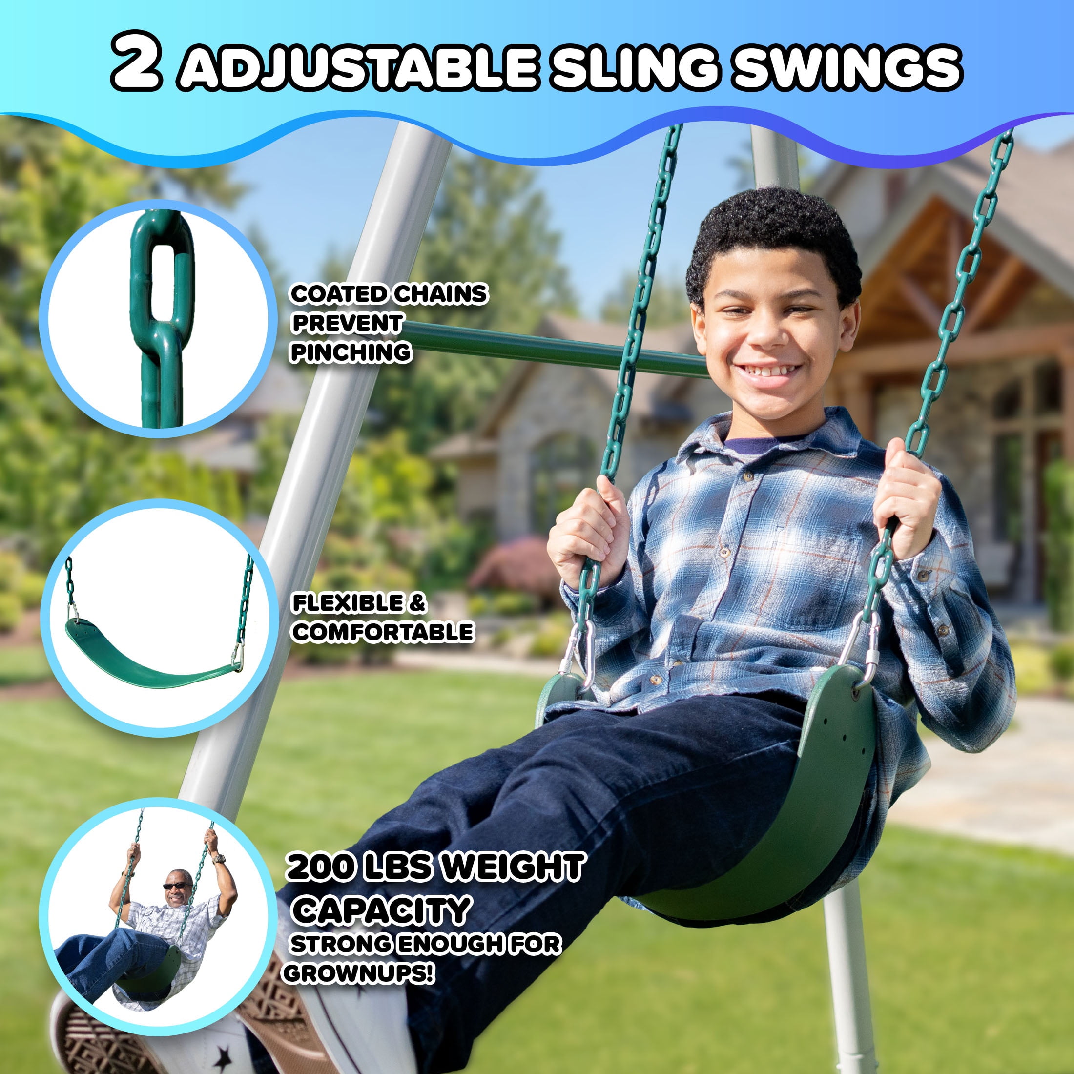 Sportspower Rainer 9.5ft Metal Swing Set for Kids and Adults, Heavy Duty Backyard Playset with 2 Sling Swings & 2-Person Skyflyer, Green/White