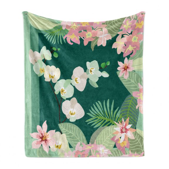 Orchids Soft Flannel Fleece Throw Blanket, Print of Tropical Bouquets Botanical Flourish Essence of Jungle, Cozy Plush for Indoor and Outdoor Use, 70" x 90", Mint Green and Forest Green, by Ambesonne