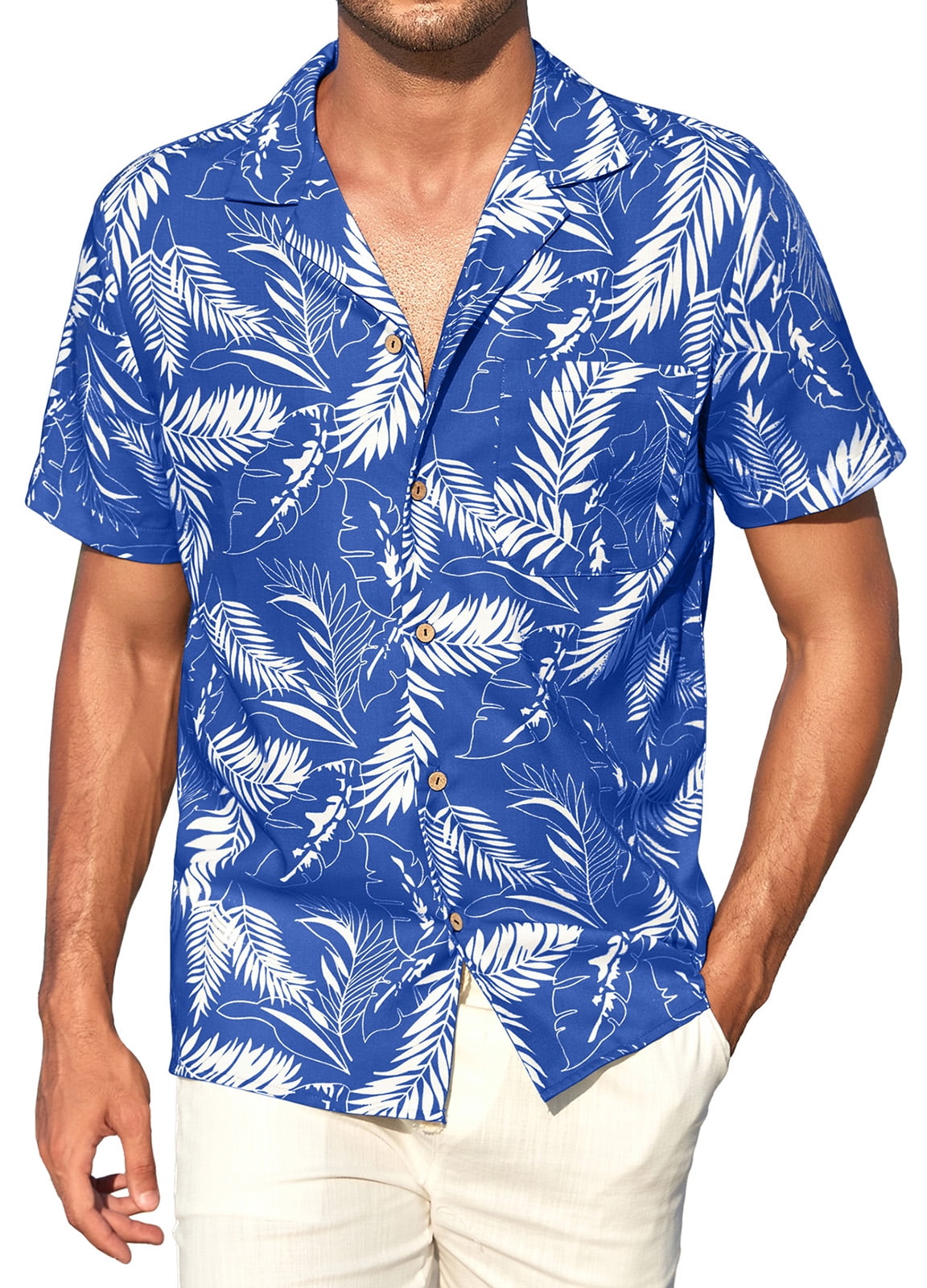 MLANM Men's Hawaiian Floral Shirts Cotton Linen Button Down Tropical