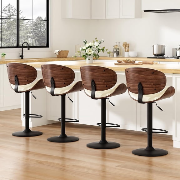 Farini Swivel Counter Height Bar Stools Set of 4, Adjustable Faux Leather Barstools with Bentwood Back for Kitchen Island, Dining Room, or Bar, White