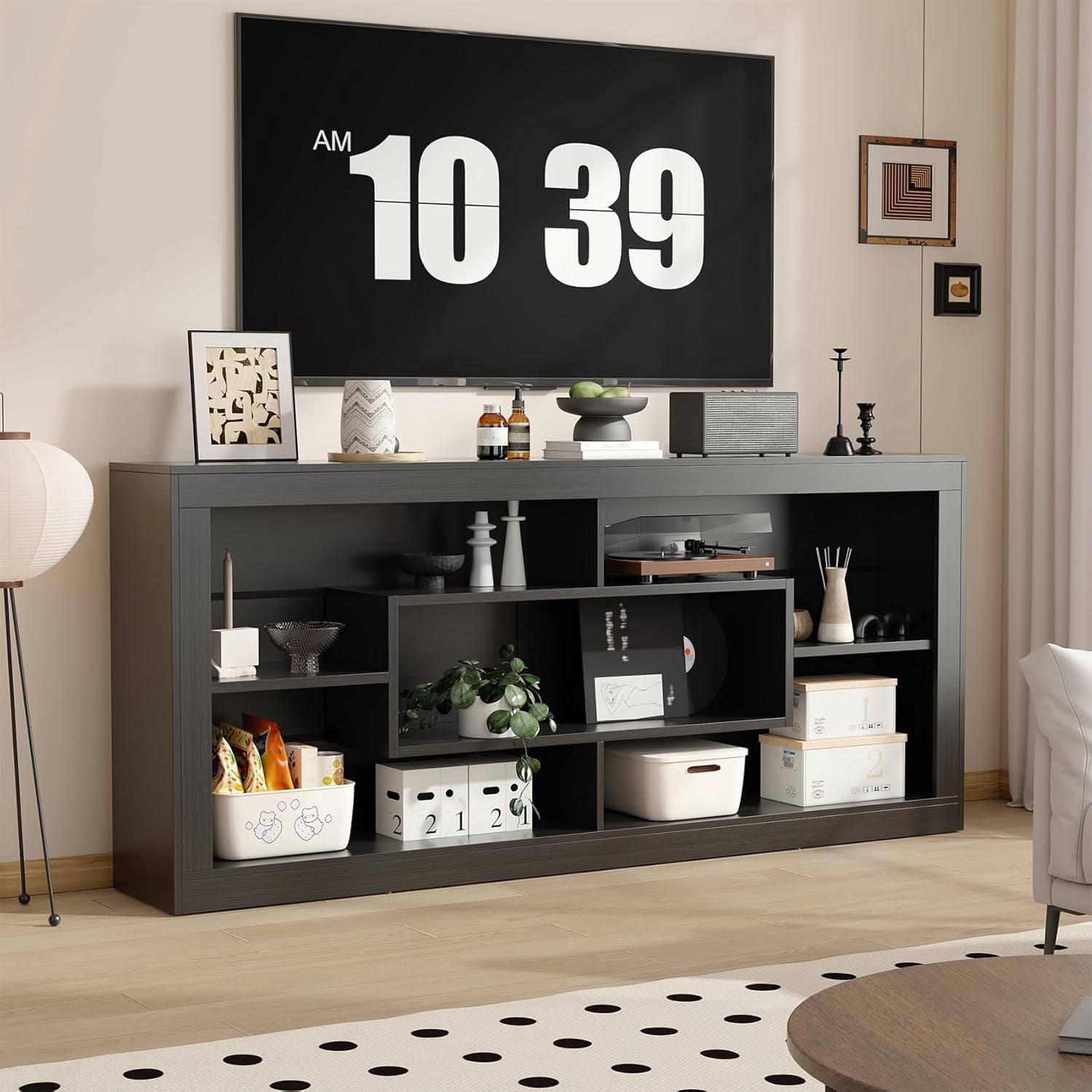 Winkalon Modern Farmhouse 7-Cube Storage Organizer Bookcase, 71” Wide Bookshelf, Large Floor Standing Cubby Shelf Unit with Anti-Tip Kit for Home Office, Living Room, Bedroom,Black