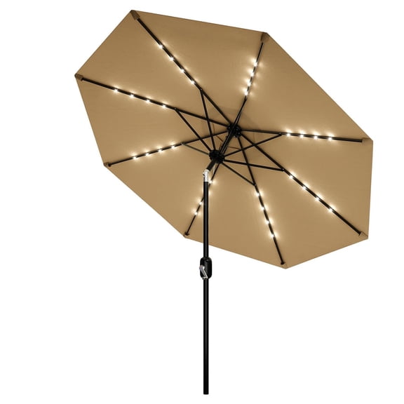 Patio Umbrella with Solar Lights, Outdoor Table Umbrella with 8 Durable Ribs, Tilt & Crank Mechanism, Water & UV Protection Sun Shade Umbrella for Garden, Poolside, Backyard (Tan, 9 FT)
