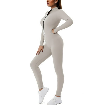

Jumpsuits For Women Custom Sports Lady Turtle Neck Solid Color Bodysuit Bodycon Long Sleeve Half Zip Up Romper Silver S