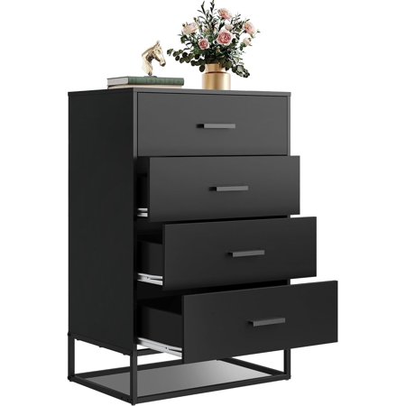 Sell well Wood Dresser for Bedroom with 4 Drawers, Chest of Drawers, Tall Dresser Drawers with Sturdy Metal Frame for Hallway, Living Room, Closet, Black