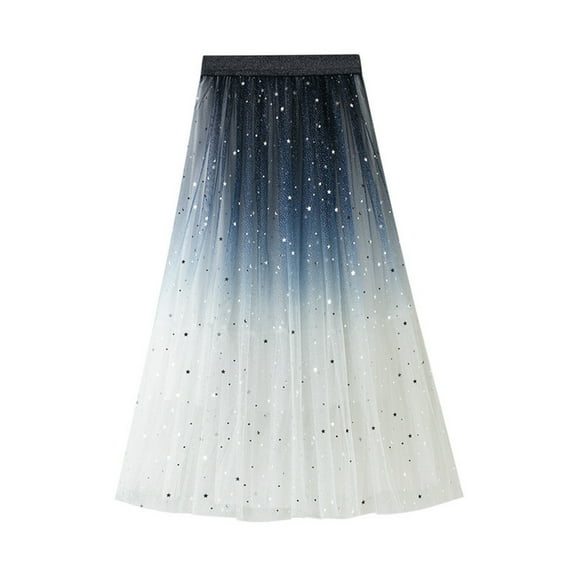 Christmas Deals! Borniu Women's Skirts Half Gradual Color Changing Fashion Mid Length Colored Star Sequin Elastic Waist Mesh Sky Skirt Clearance