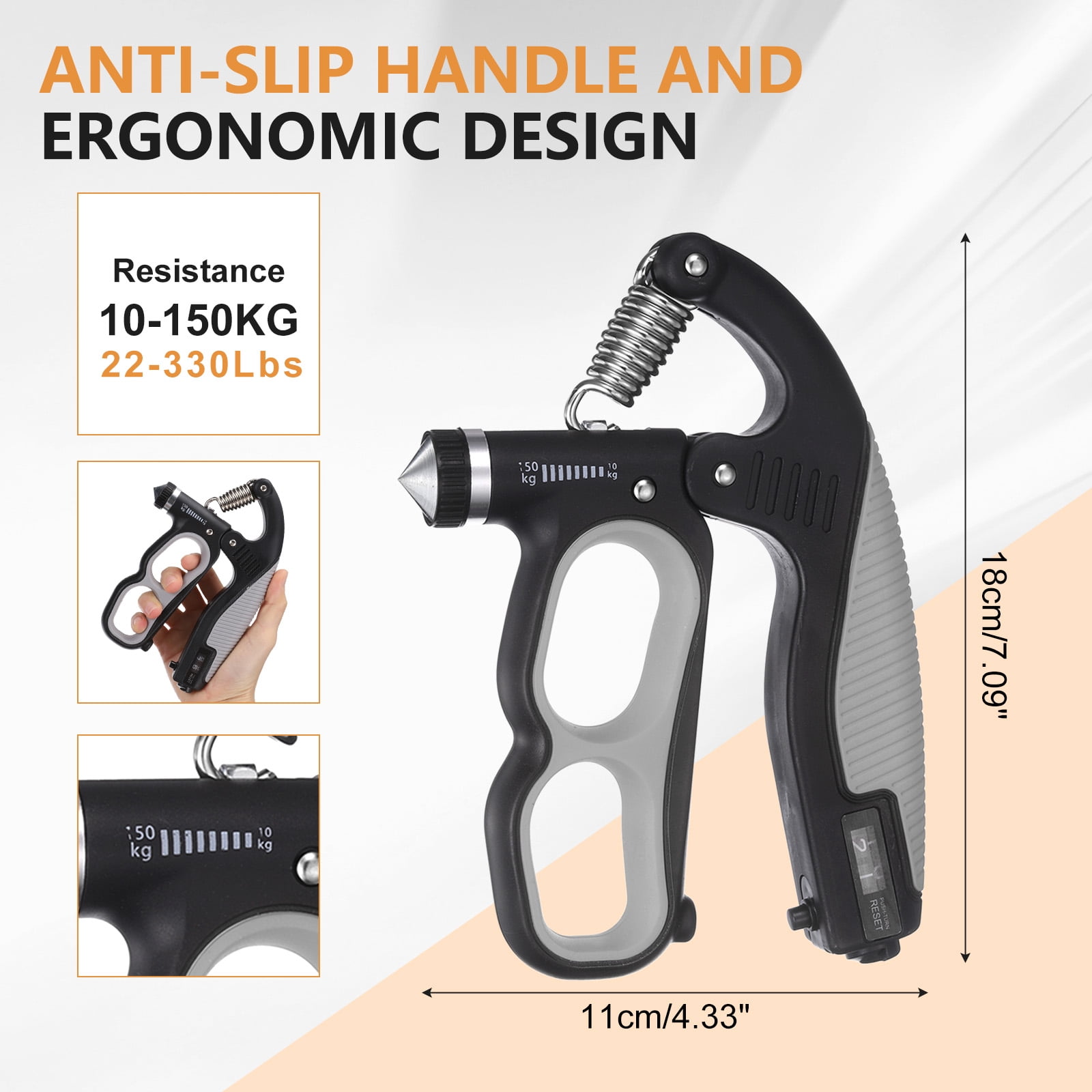 Hand Gripper Strengthener, Forearm Exerciser Resistance Grip Strength Trainer with Adjustable Resistance 22-330Lbs for Recovery Muscle Building & Fitness Workout, Gray