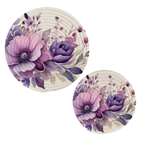 Flowers Purple Pot Holders Set Trivets Hot Pads Cotton Mats for Cooking