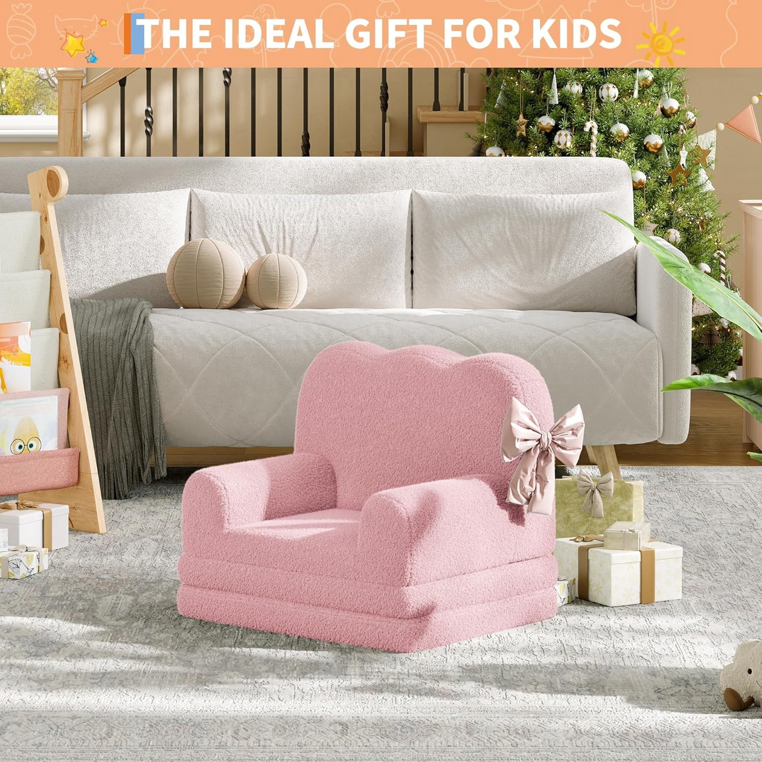 Kids Couch, 2-in-1 Convertible Teddy Fleece Fabric Toddler Sofa Chair, Soft Fold Out Couch Lounger for Kids, Comfy Children's Sofa Bed for Playroom, Nursery, Birthday Gift (Pink)