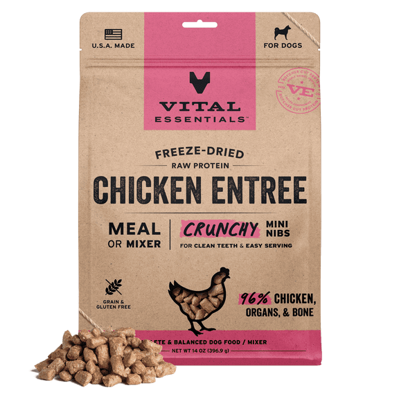 Vital Essentials Freeze Dried Dog Food, Raw Chicken Crunchy Mini Nibs | Complete Meal or Topper | 96% Chicken, Organs & Bone | Limited Ingredient, High Protein, Grain Free Dry Dog Food | 14 oz bag