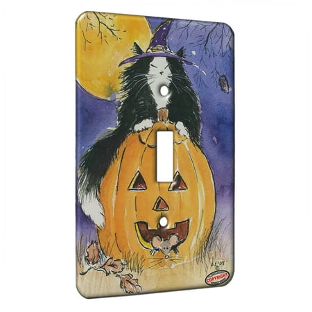 KuzmarK™ Single Gang Toggle Switch Wall Plate - Witchy Maine Coon Kitty with Jack O'Lantern and Mice Halloween Cat Art by Denise