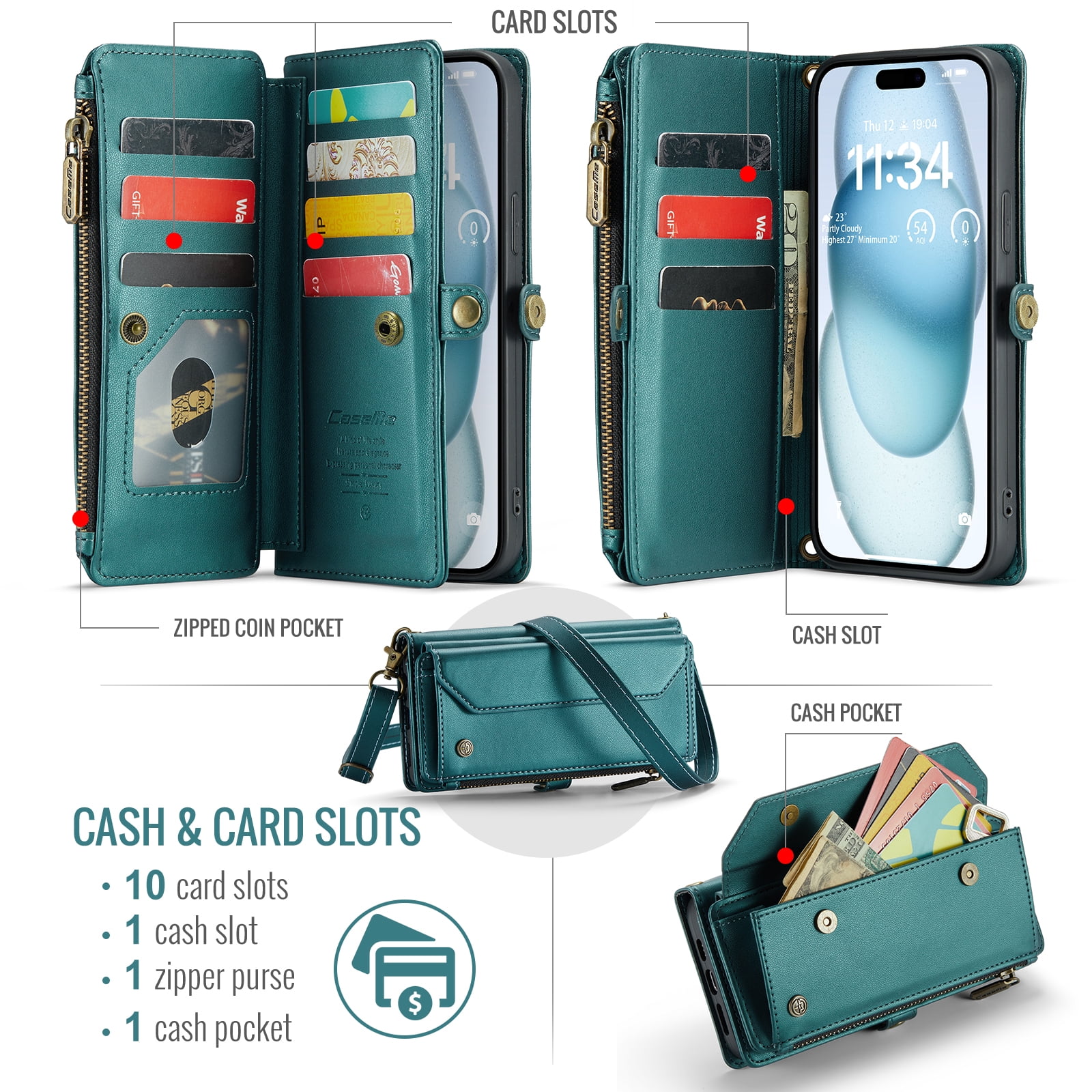 Crossbody for iPhone 13 Case Wallet【RFID Blocking】with 10-Card Holder Zipper Bills Slot, Soft PU Leather Magnetic Shoulder Wrist Strap for iPhone 13 Wallet Case Women, Green