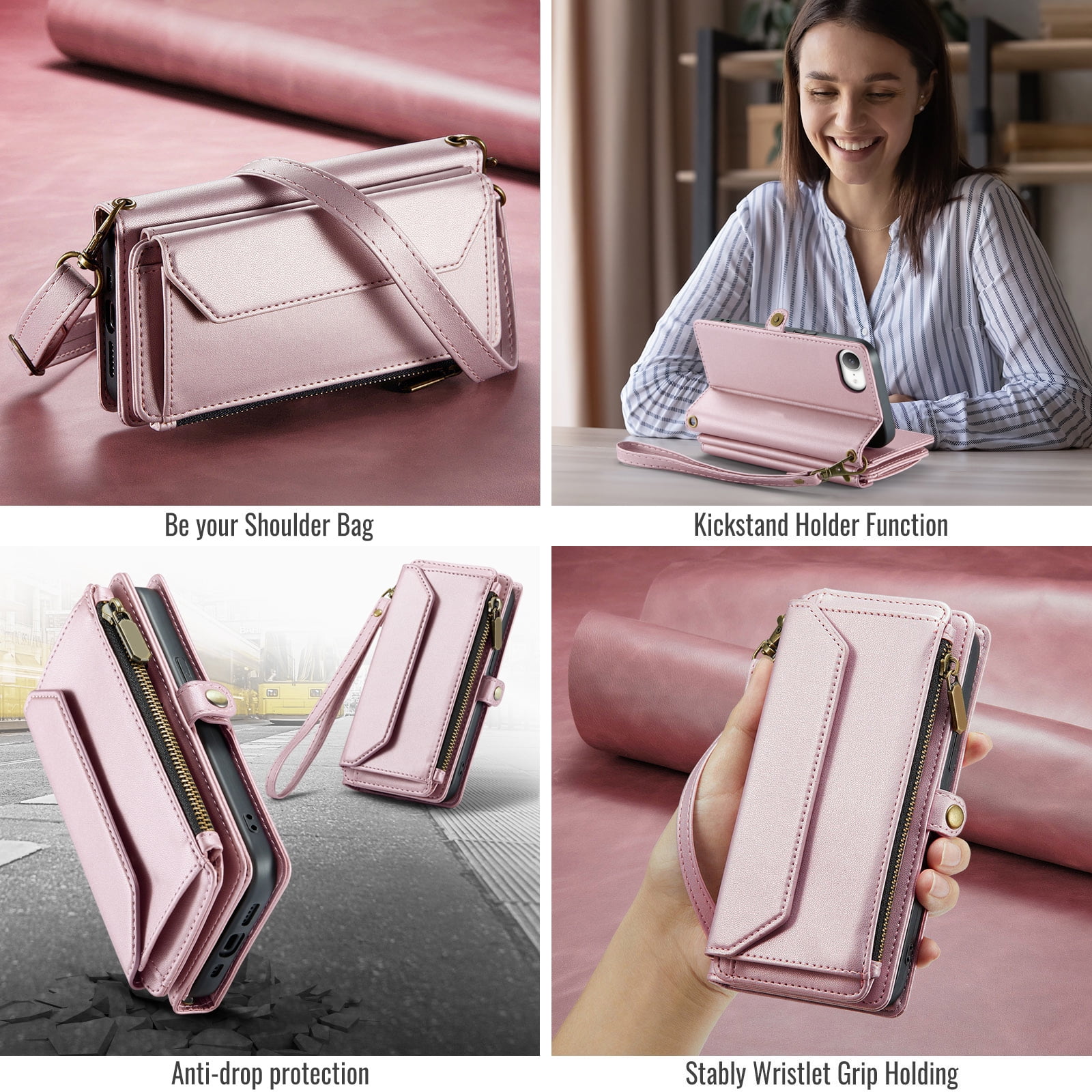 Compatible with iPhone 16e/SE 2025/SE 4 Zipper Wallet Phone Case Tempered Glass Screen Protector Crossbody Lanyard Strap Flip Card Holder Slot Cell Cover for i Phone16e i16e 16 e SE4 Women Rose Gold