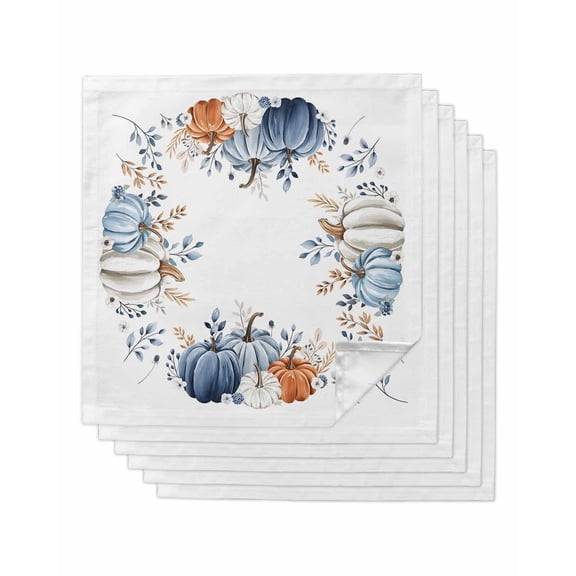 Fall Pumpkin Cloth Napkins Set of 6 Reusable Dinner Napkins, Thanksgiving Orange Blue Leaves Farmhouse Cocktail Napkin Washable Table Napkins for Wedding/Holiday Party/Baby Shower 20"x20"