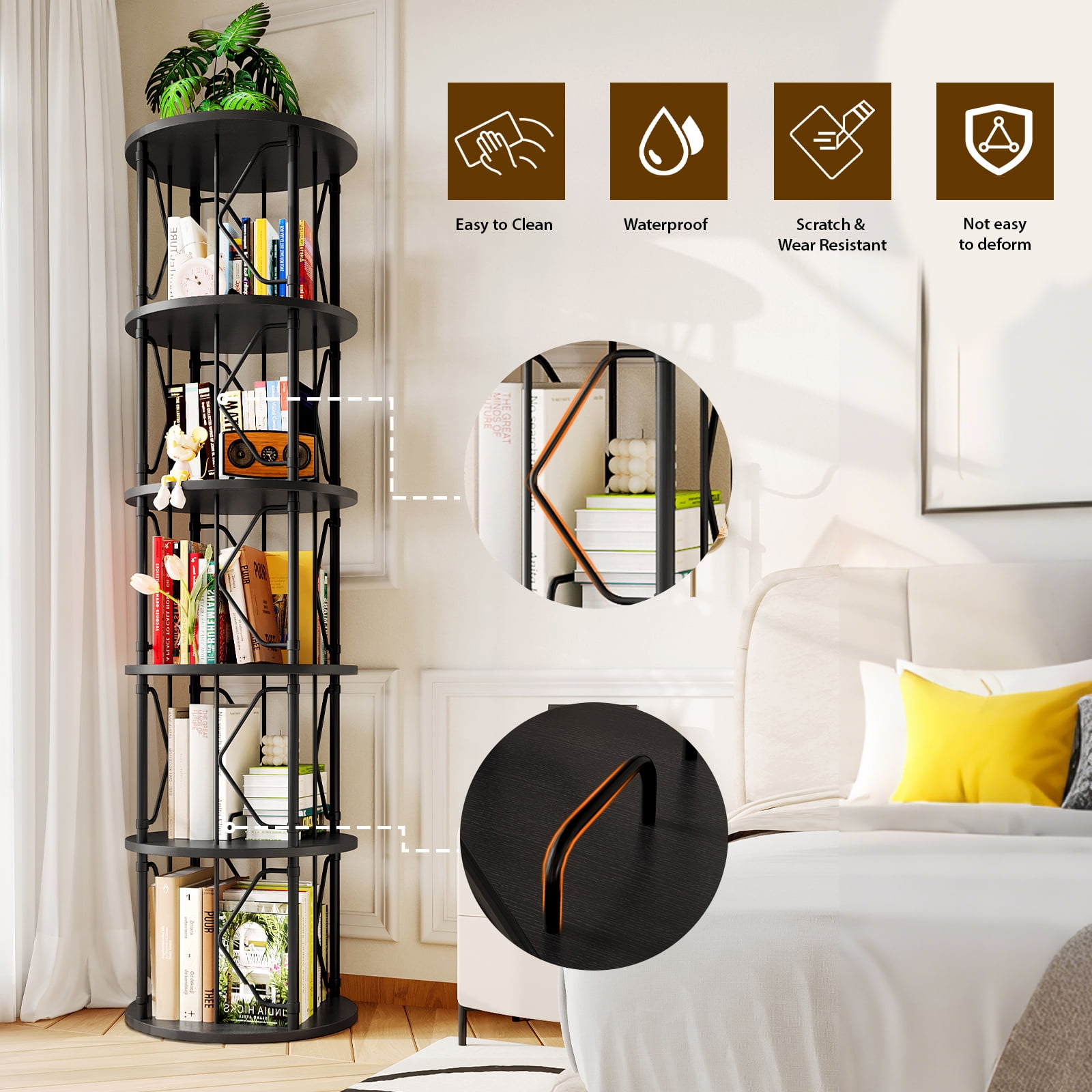 LLappuil 5 Tier Rotating Bookshelf, 360° Display Swivel Bookcase, Corner Bookshelf for for Bedroom, Living Room Black