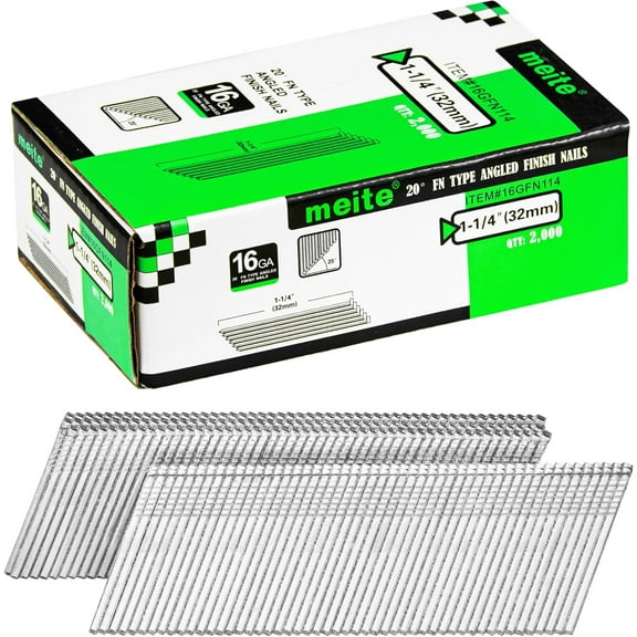 MEITE 2,000 Pcs Finish Brad Nails 16 Gauge 20 Degree 1-1/4" Length Angled Finish Nails FN Type, Galvanized