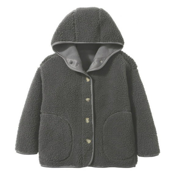GYRATEDREAM 4-12Y Girls Boys Hooded Fleece Jacket Toddler Baby Button down Solid Color Wool Outwear Coat with Pockets Kids Children Warm Fall Winter Clothes Dark Grey