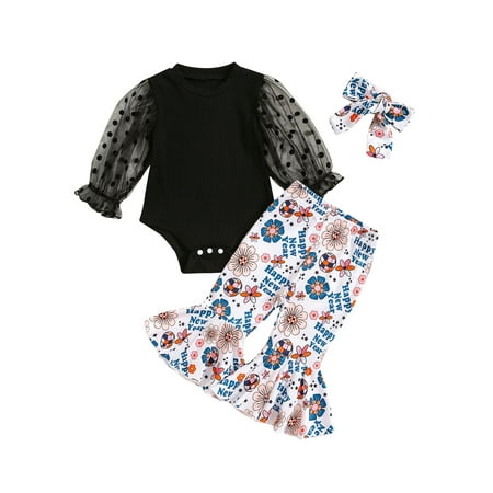 

Luethbiezx Baby Black Mesh Sleeve Ribbed Romper Flared Pants Headband Sets