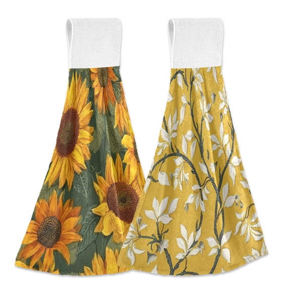 IAUYY Kitchen Hanging Towels Set of 2 100% Polyester Absorbent, Super Soft Hand Towels with Hanging Loops for Bathroom Kitchen Warm Yellow Vines