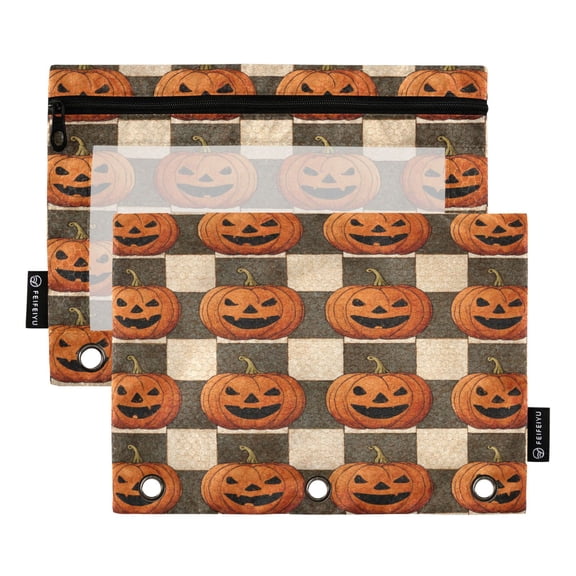 2 Pack 3 Ring Binder Pouch with Clear PVC Window Water Resistant Zipper Pencil Pouch Striped Wicked Pumpkins Binder Pocket for Classroom Office Home Stationery Organization