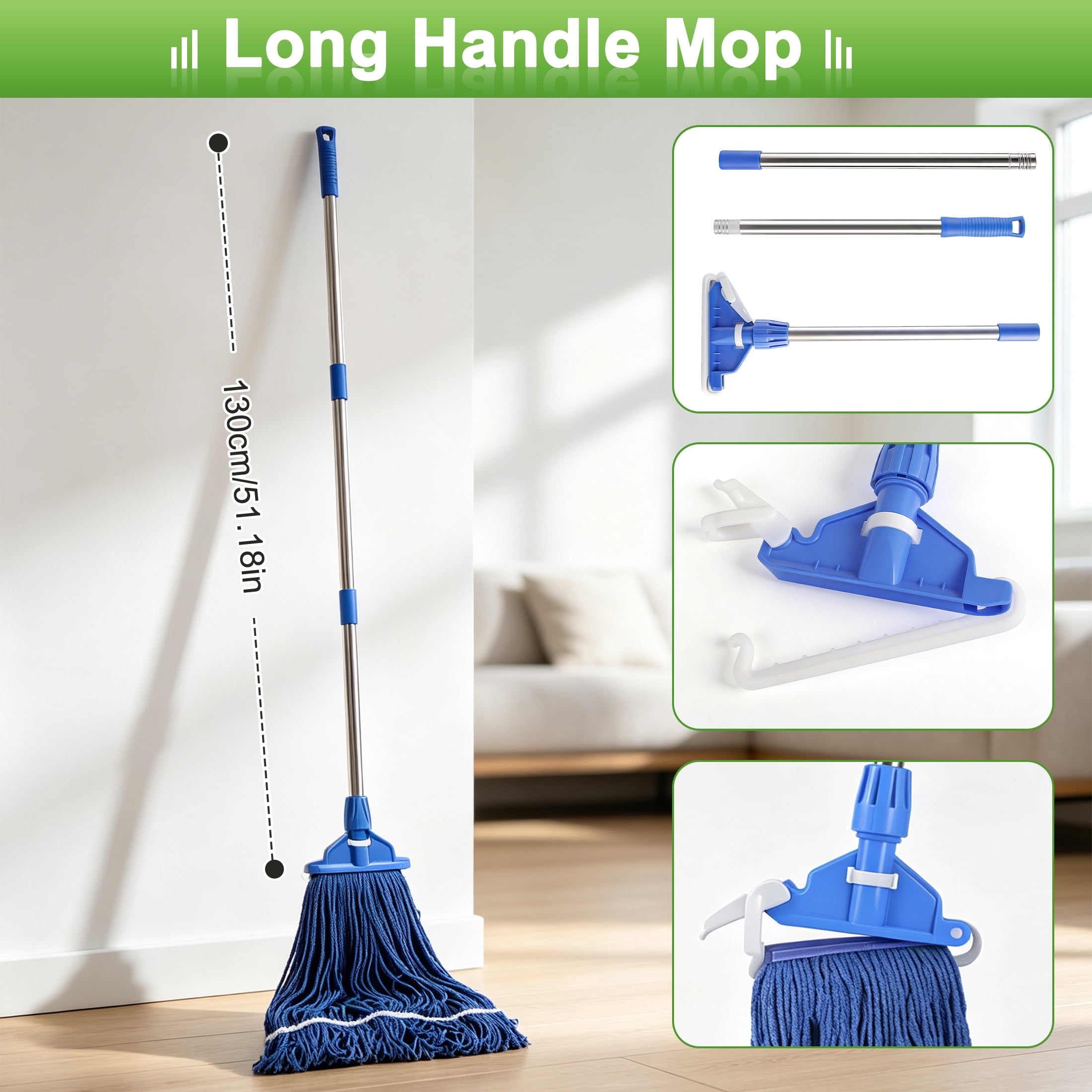 Commercial Mop, Heavy Duty Cotton String Mop, Long Handle Floor Mop, Wet Cleaning Mop, Household Cleaning Mop for Hardwood, Tile, Marble Floors, Home & Commercial Use