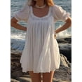 thumbnail image 3 of White Puff Sleeve Babydoll Mini Dress With Lace Trim Square Neck Flowy A-Line Sundress, 3 of 6