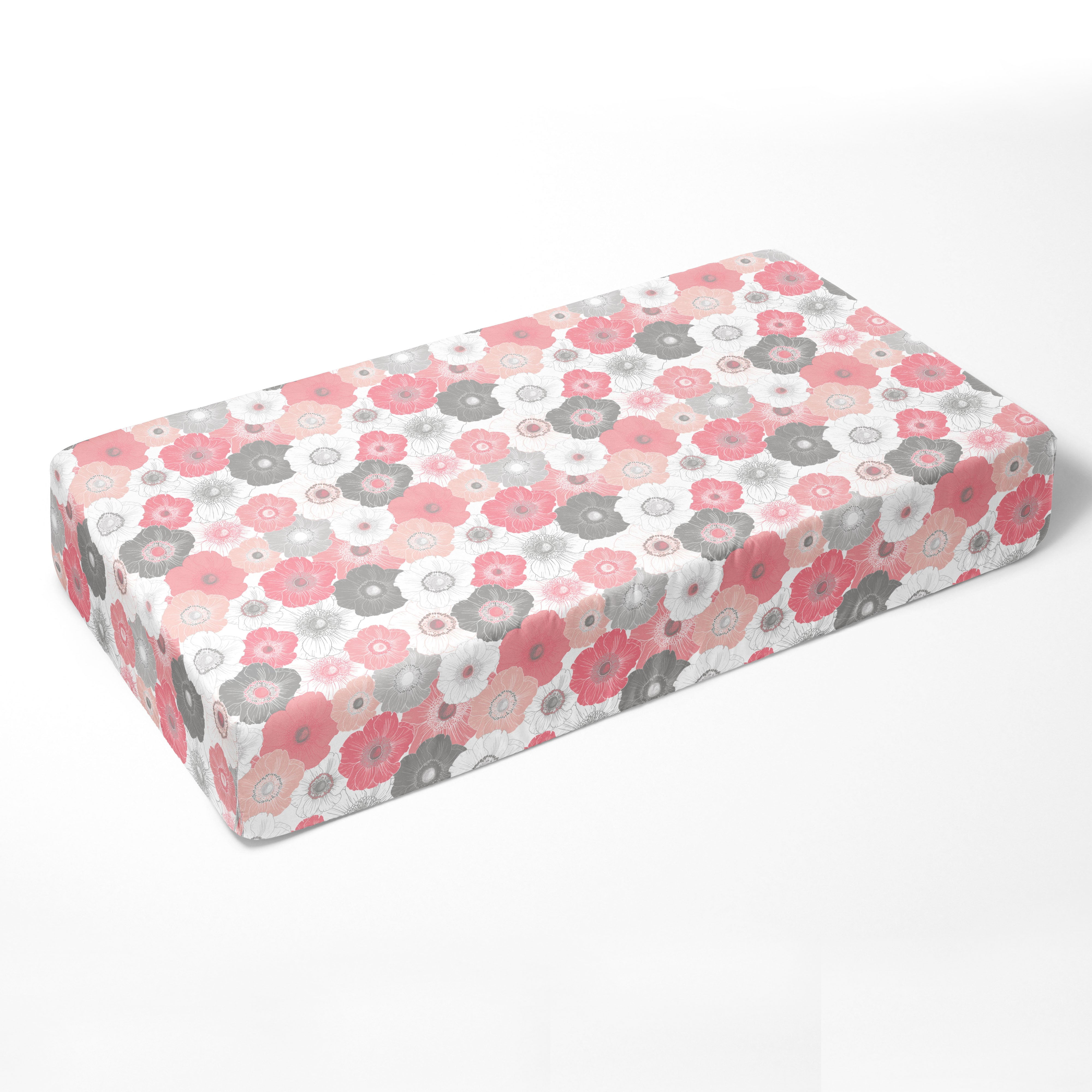 Bacati - Crib or Toddler Bed Fitted Sheet, Watercolor Flowers Coral Gray
