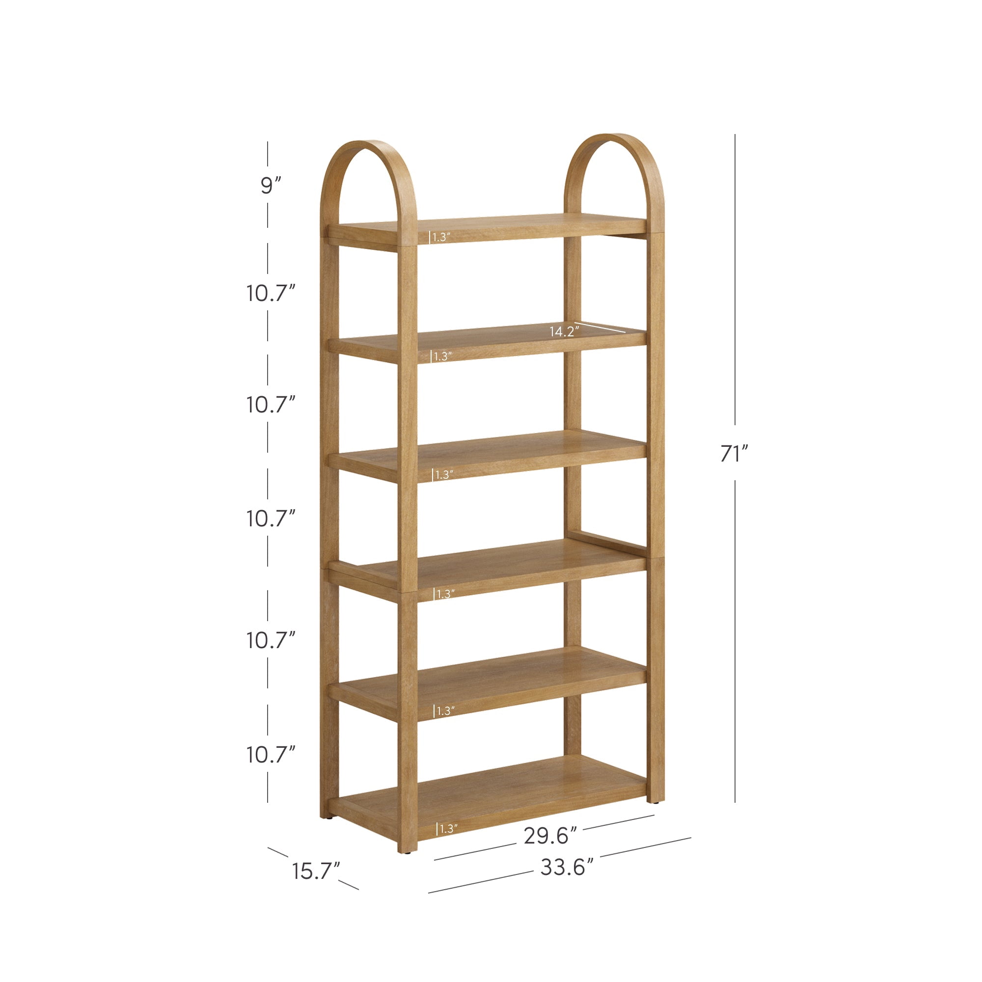 Nathan James Syd 6-Tier Arched Bookcase, Solid Wood Etagere Bookshelf, Light Brown