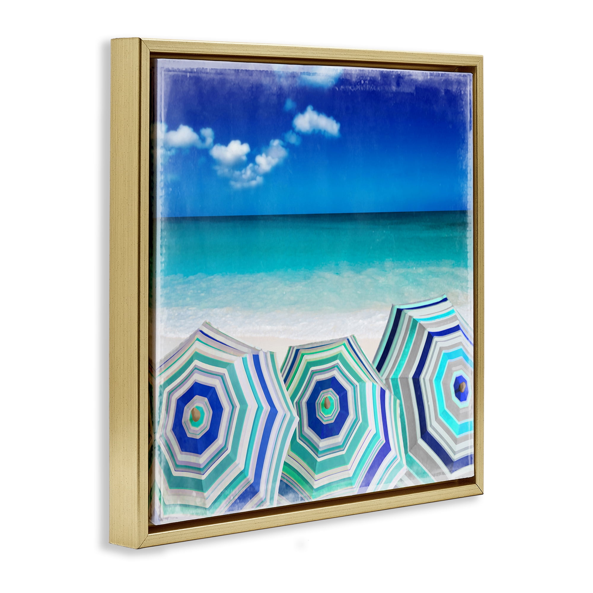 Stupell Industries Three Beach Umbrellas View Nautical & Beach Painting Gold Floater Framed Canvas Art Print Wall Art, 18 x 18