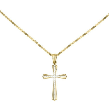 Primal Gold 14 Karat Yellow Gold and Rhodium Diamond-cut Cross Pendant with 18-inch Cable Chain