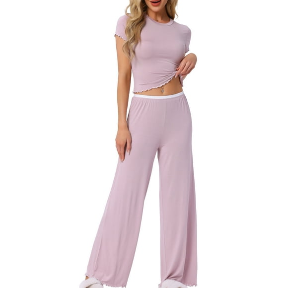 Conjuntos de pijama para mujer INSPIRE CHIC, camiseta de manga corta de punto, pantalones anchos de pierna larga con volantes, atuendos de 2 piezas, conjuntos de lounge PJ, XS, rosa