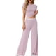 thumbnail image 1 of Conjuntos de pijama para mujer INSPIRE CHIC, camiseta de manga corta de punto, pantalones anchos de pierna larga con volantes, atuendos de 2 piezas, conjuntos de lounge Pj S rosa, 1 of 6